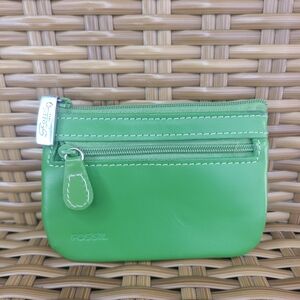 Fossil Green Smooth Leather Pouch Bag Coin Purse Cash Key-Chain Wallet